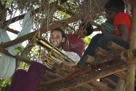 Ecole Steiner - Joaquim jouant du tuba en haut de l'arbre